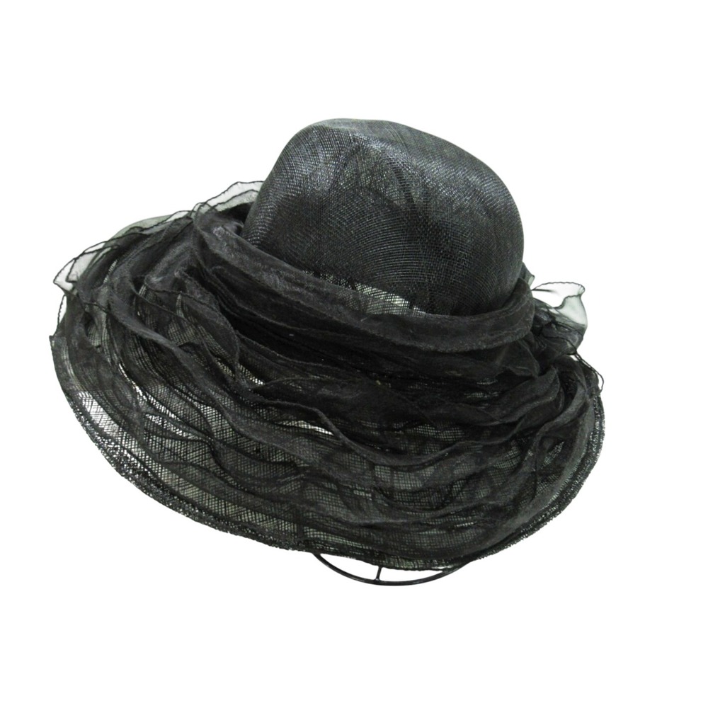 VTG PRESTON & YORK Premier BLACK STRAW Organza Mesh BOW w/RHINESTONE Hat Sz M